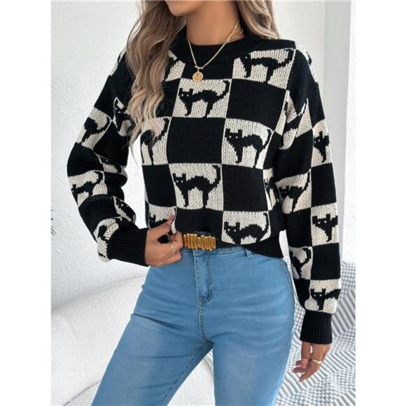 Cozy Cat Checkerboard Pattern Sweater - Picture 4 of 5